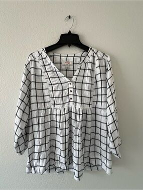 Wrangler White and Black Windowpane Pintuck Tunic Top XL